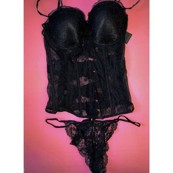 Victoria's Secret DESIGNER COLLECTION 34C,36C CORSET bustier panty BLACK crystal